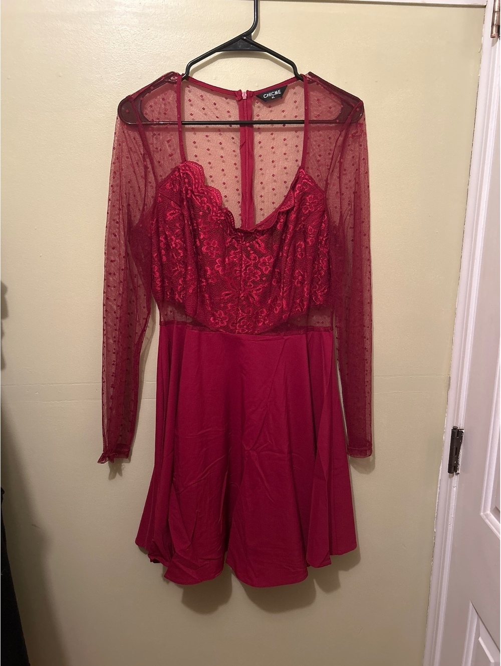 CHICME Red Mesh Long Sleeve Dress with Lace Bodice XL